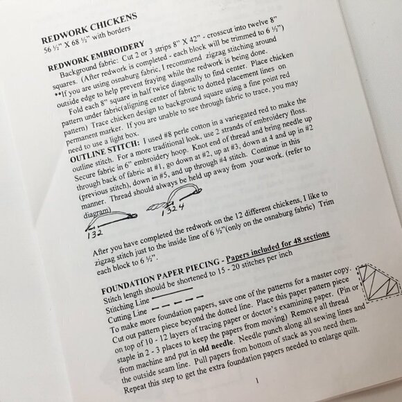 Redwork Chickens Foundation Paper Piecing Quilt Pattern Quilting Pieced Blocks - Picture 7 of 8